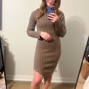 Ribbed mock neck V hem sweater mini dress